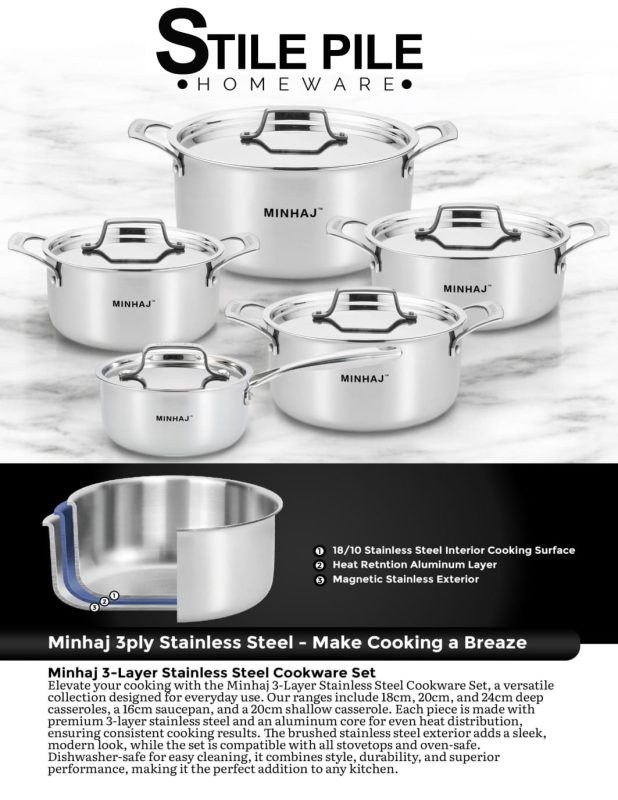 3 layer stainless steel Cookware set even heat distribution for optimal cooking results Non-stick surface for easy cleaning Perfect for boiling,simmering and sauteing.